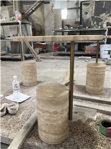 Custom Small Classic Travertine Light Round Side Tables