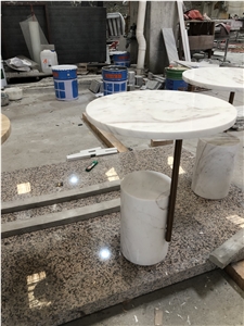 Custom Small Classic Travertine Light Round Side Tables