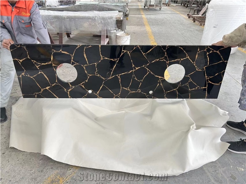 Custom Black Obsidian Semiprecious Stone Table Top