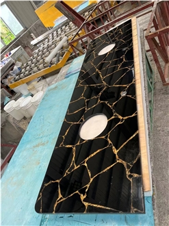 Custom Black Obsidian Semiprecious Stone Table Top