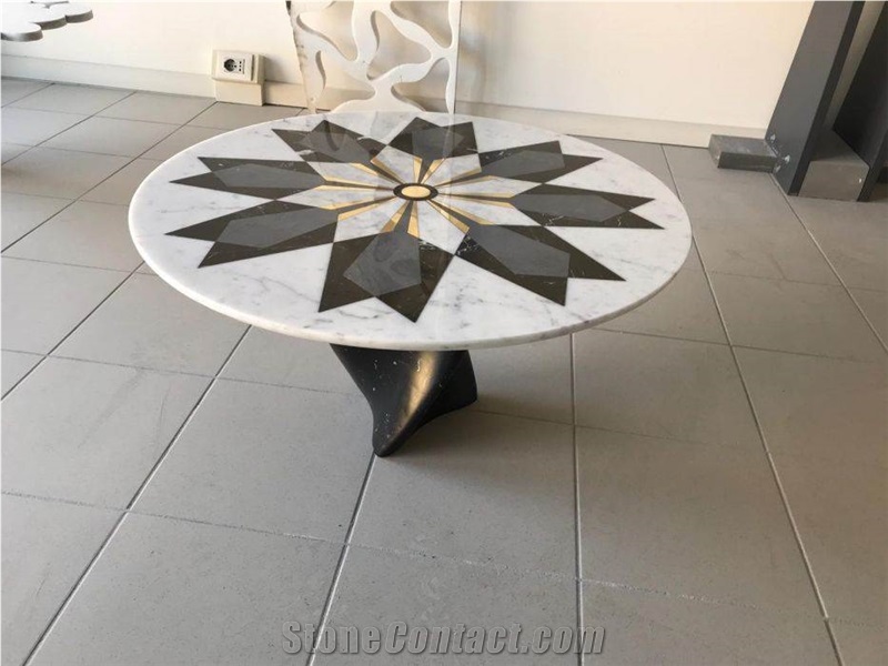 Waterjet Cut Marble Inlay Round Coffee Table