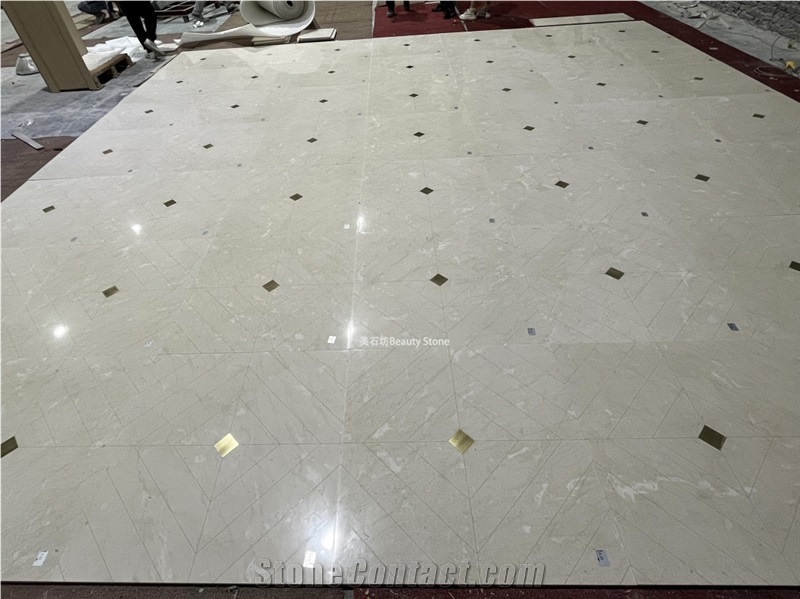 Natural Marble Waterjet Cut Metal Brass Inlay Floor Pattern