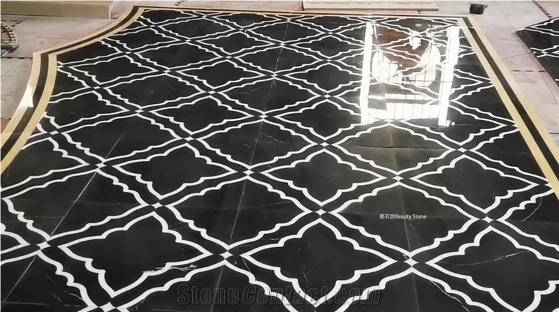 Water Jet Cut Inlay Marble Hotel Corridor Floor Tiles