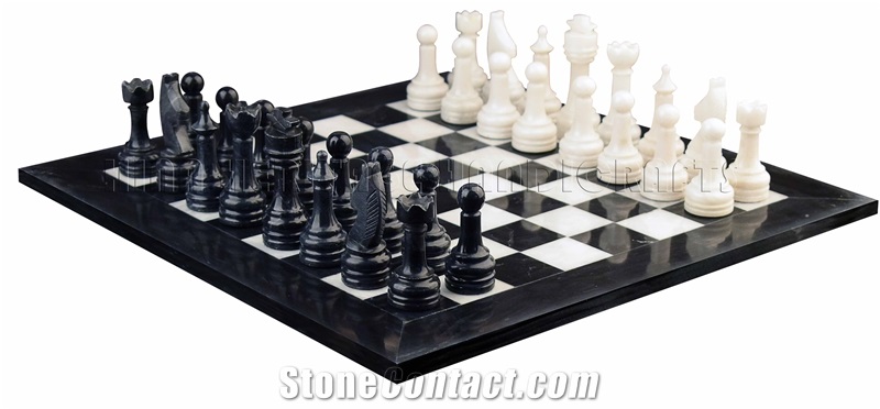 Jet Black And White Marble Chess Set Stone Inlay Crafts