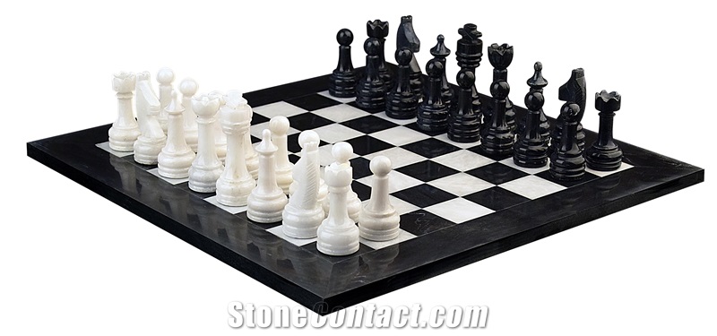 Jet Black And White Marble Chess Set Stone Inlay Crafts