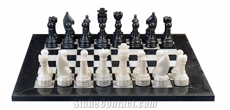 Jet Black And White Marble Chess Set Stone Inlay Crafts