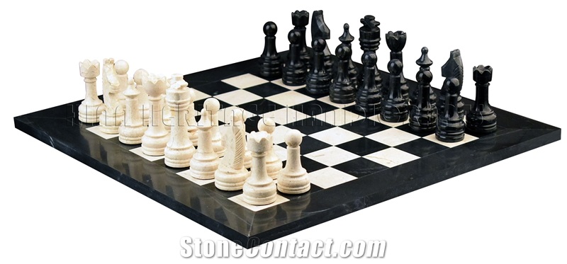 Jet Black & Botticino Marble Chess Set  Carving Crafts