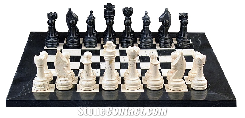 Jet Black & Botticino Marble Chess Set  Carving Crafts
