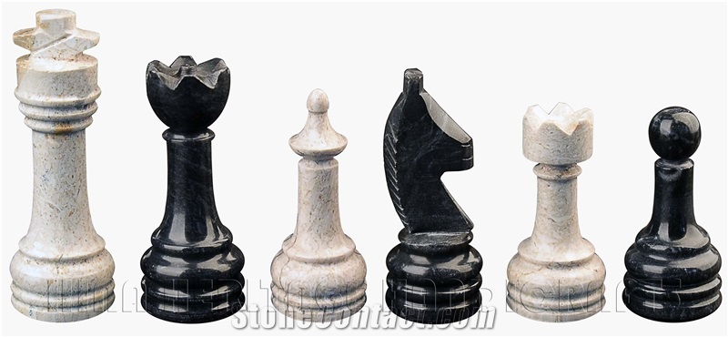 Jet Black & Botticino Marble Chess Set  Carving Crafts