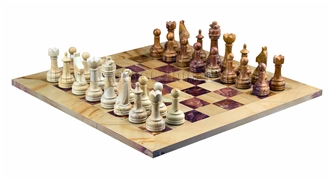 Teak Wood Marble & Red Onyx Chess Set Carved Handicraft