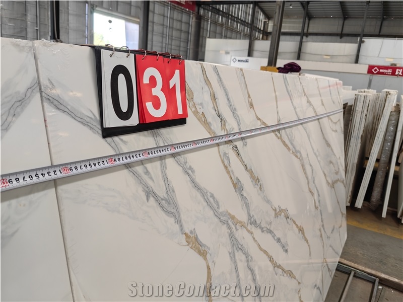 Super White Bookmatch 5066 Calacatta Fendy Slab Quartz Tiles
