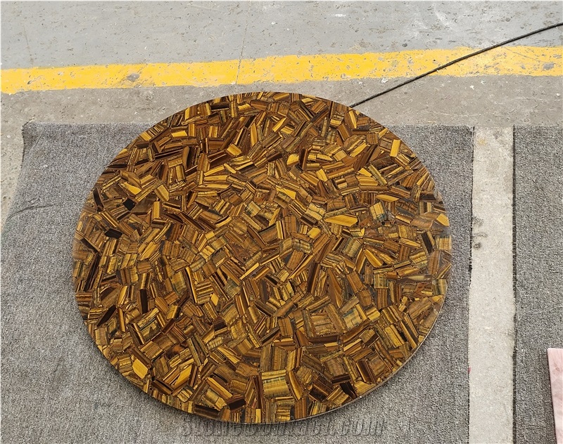 Custom Round Yellow Tiger Eye Semiprecious Stone Coffee Table Tops