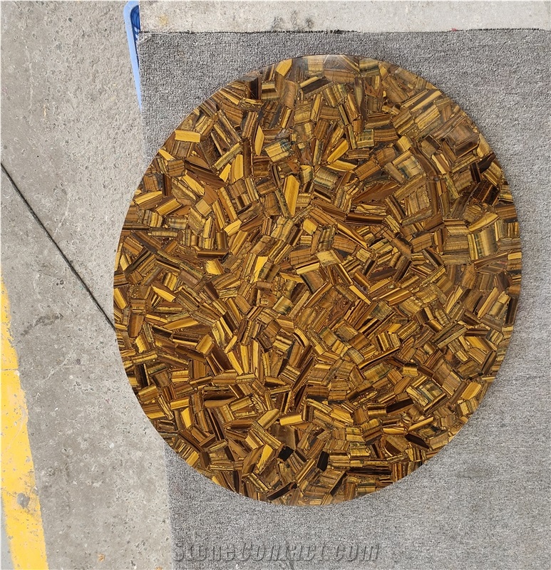 Custom Round Yellow Tiger Eye Semiprecious Stone Coffee Table Tops