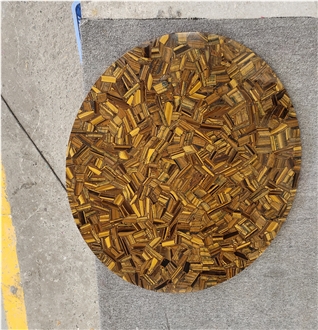 Custom Round Yellow Tiger Eye Semiprecious Stone Coffee Table Tops