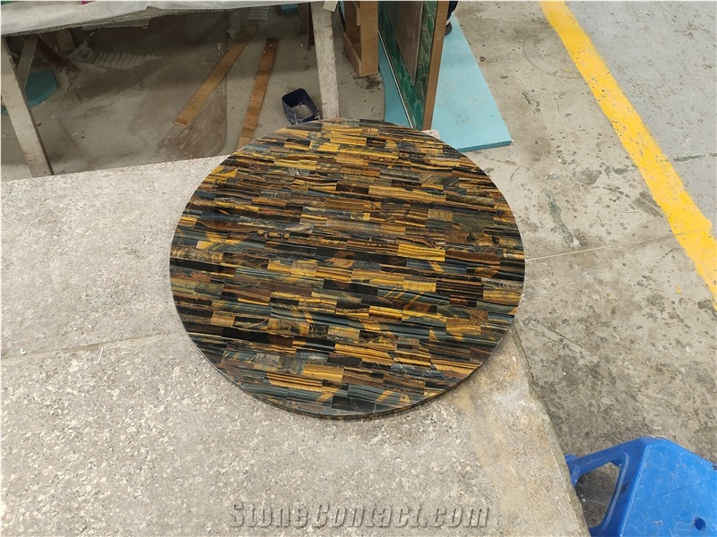 Custom Round Yellow Tiger Eye Semiprecious Stone Coffee Table Tops