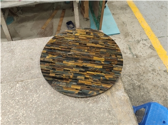 Custom Round Yellow Tiger Eye Semiprecious Stone Coffee Table Tops