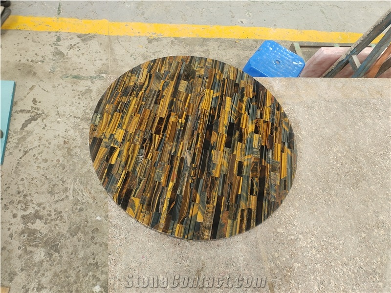 Custom Round Yellow Tiger Eye Semiprecious Stone Coffee Table Tops