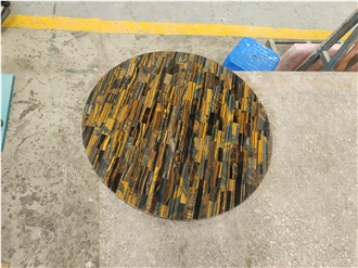 Custom Round Yellow Tiger Eye Semiprecious Stone Coffee Table Tops