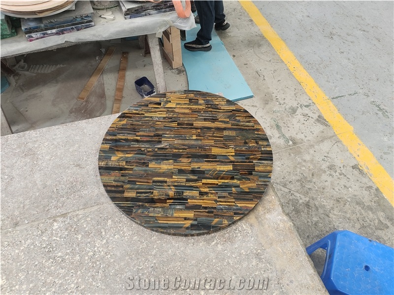 Custom Round Yellow Tiger Eye Semiprecious Stone Coffee Table Tops