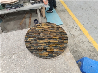 Custom Round Yellow Tiger Eye Semiprecious Stone Coffee Table Tops