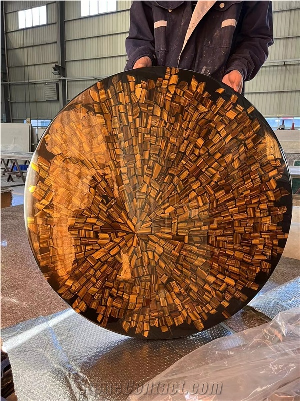 Custom Round Yellow Tiger Eye Semiprecious Stone Coffee Table Tops