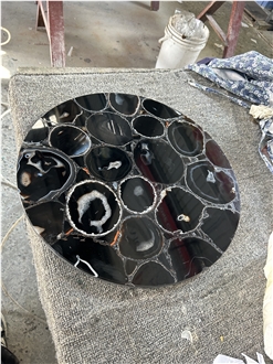 Natural Gemstone Black Agate Stone Round Table Tops