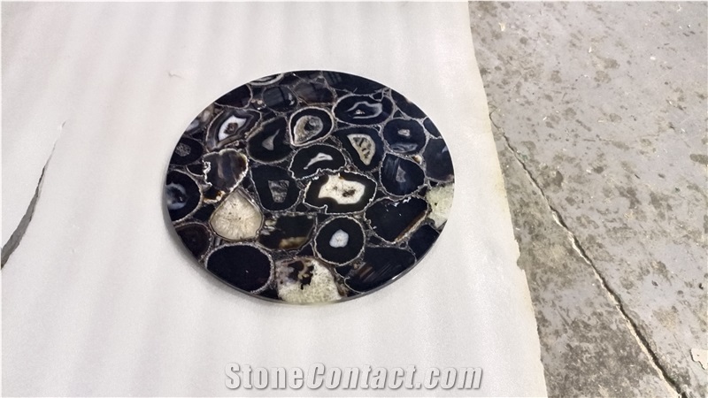 Natural Gemstone Black Agate Stone Round Table Tops