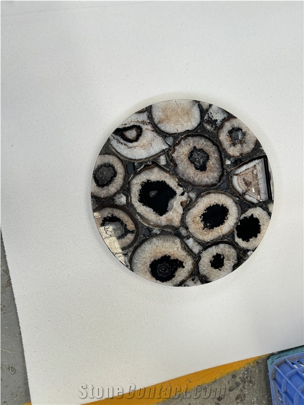 Natural Gemstone Black Agate Stone Round Table Tops
