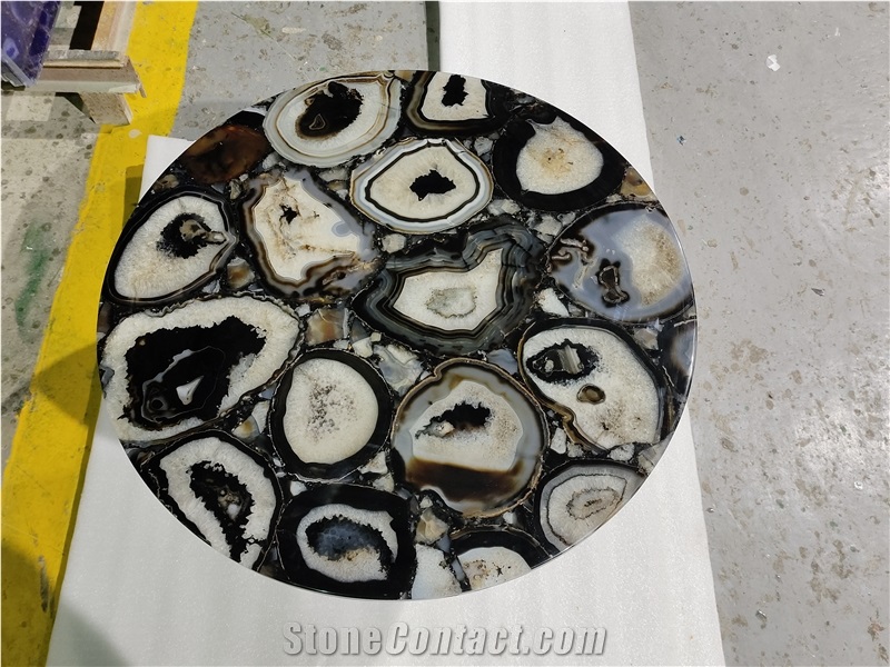 Natural Gemstone Black Agate Stone Round Table Tops