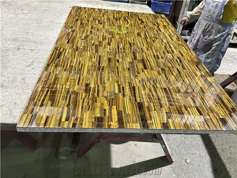 Natural Golden Tiger Eye Gem Stone Restaurant Table Tops