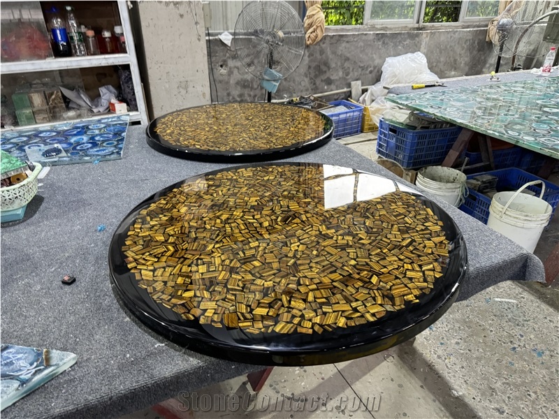 Polished Round Tiger Eye Gem Stone Solid Surface Table Tops