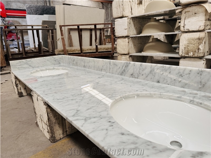 Bianco Carrara Marble Double Sink Bathroom Vanity Tops