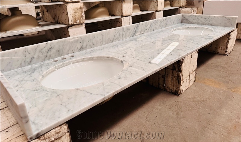 Bianco Carrara Marble Double Sink Bathroom Vanity Tops