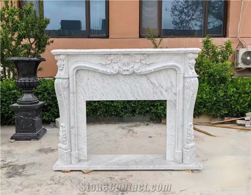 Sculptured Marble Statuario Carrara Indoor Fireplace Mantel