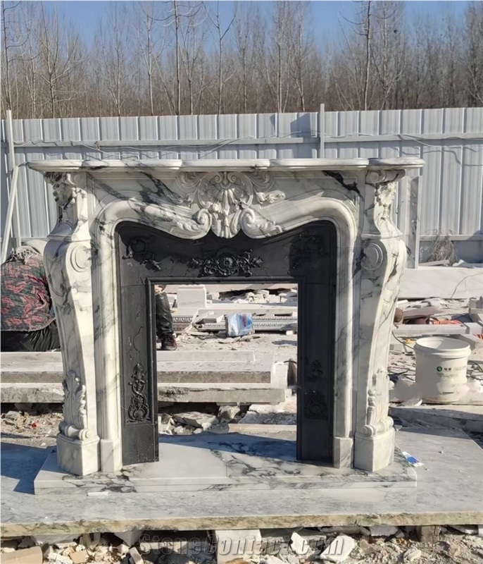 Sculptured Marble Statuario Carrara Indoor Fireplace Mantel
