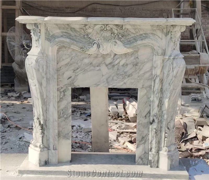 Sculptured Marble Statuario Carrara Indoor Fireplace Mantel