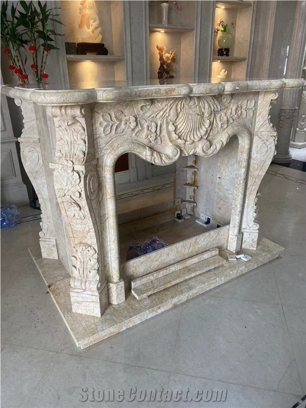 Natural Stone Drama Gold Marble Sculptured Fireplace Mantel