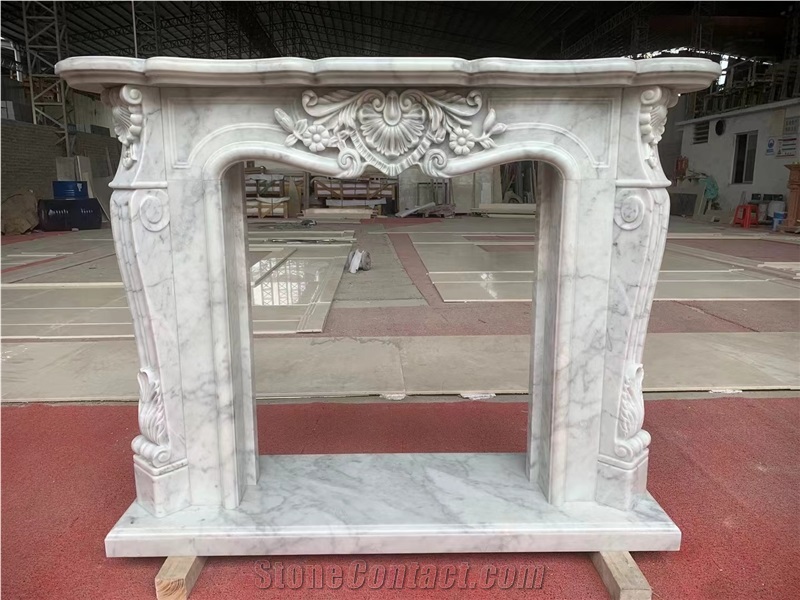 Sculptured White Marble Indoor Fireplace Mantel Surround