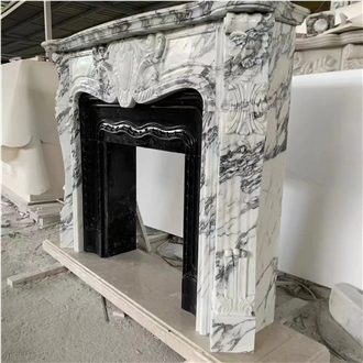 Sculptured White Marble Indoor Fireplace Mantel Surround