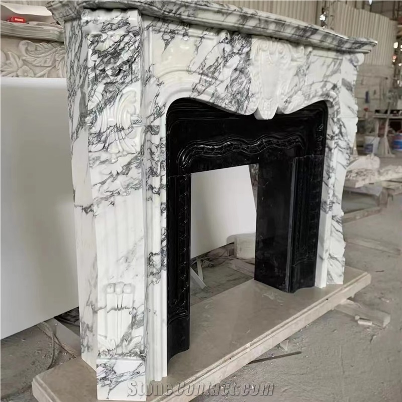 Sculptured White Marble Indoor Fireplace Mantel Surround