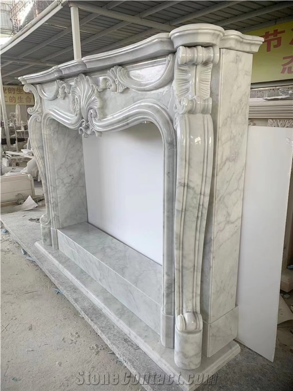 Sculptured White Marble Indoor Fireplace Mantel Surround