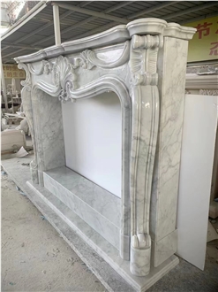 Sculptured White Marble Indoor Fireplace Mantel Surround