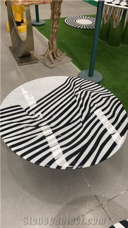 Waterjet Cut White Marble Inlay Round Table Tops