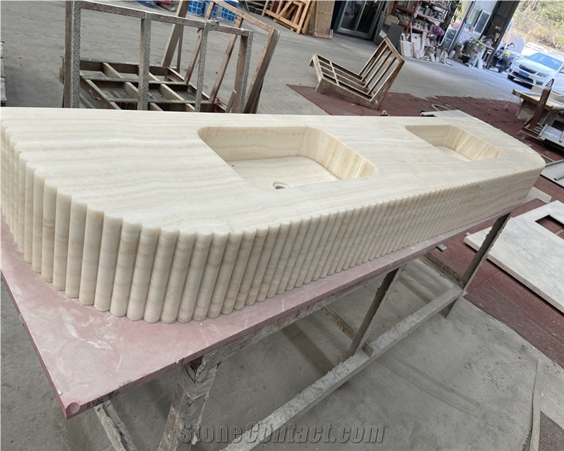 White Onyx Double Sinks In Fluted Edge For Bathroom Vanity