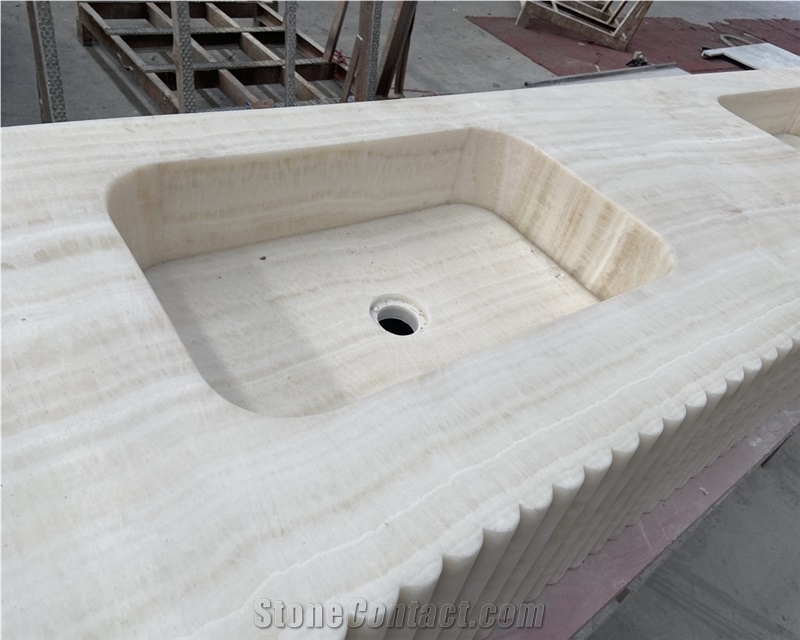 White Onyx Double Sinks In Fluted Edge For Bathroom Vanity