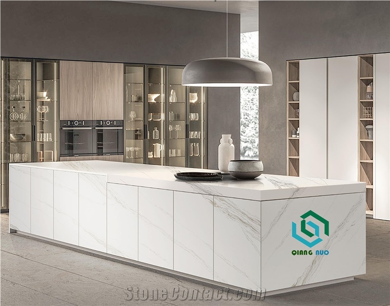 White Wave Patterned Quartz Countertop Kitchen Island Tops