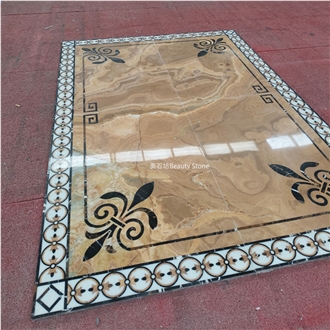 China Yellow-Brown Onyx Waterjet Cut Pattern Inlay Medallion