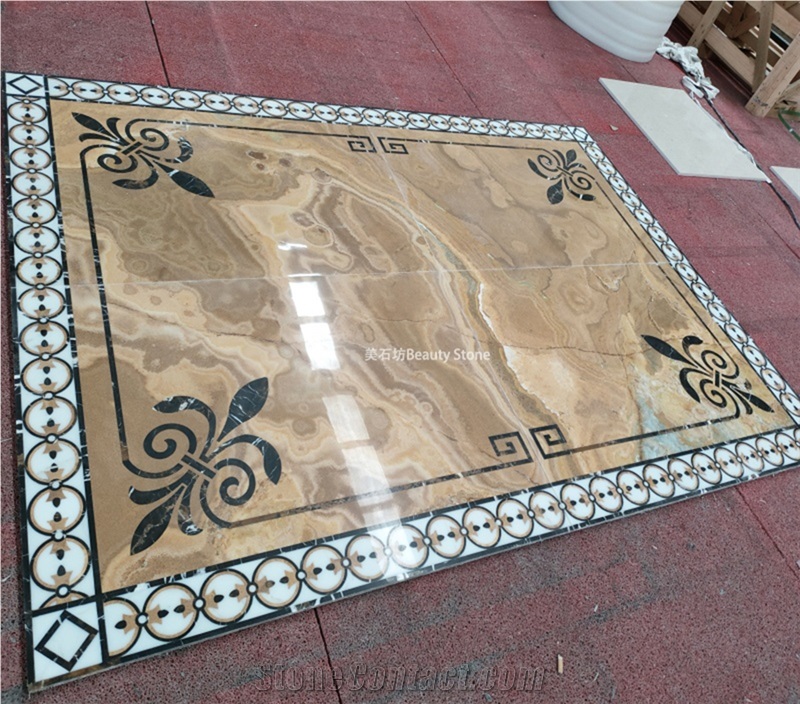 China Yellow-Brown Onyx Waterjet Cut Pattern Inlay Medallion