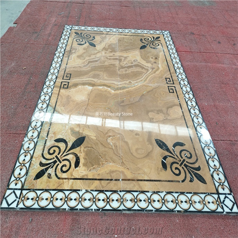 China Yellow-Brown Onyx Waterjet Cut Pattern Inlay Medallion