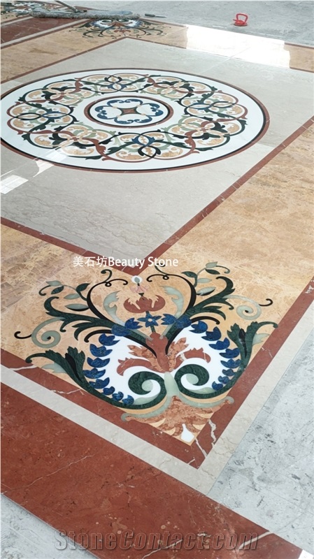 China Yellow-Brown Onyx Waterjet Cut Pattern Inlay Medallion